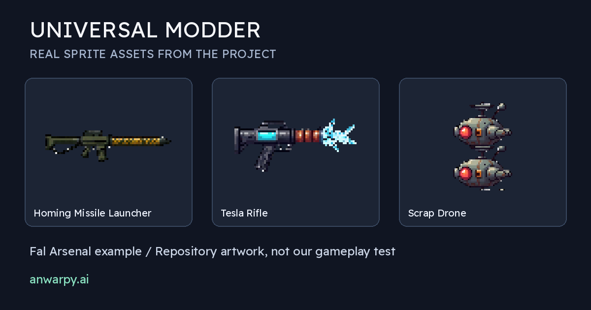 موارد فعلية من مثال Fal Arsenal: قاذف صواريخ وبندقية Tesla وإطاران لتحريك Scrap Drone، وليست لقطة من تجربة لعب نفّذناها